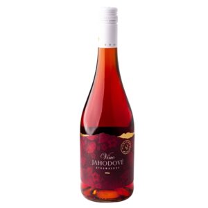 Fľaša polosladkého jahodového vína od vinárstva Miluron s červenou etiketou.